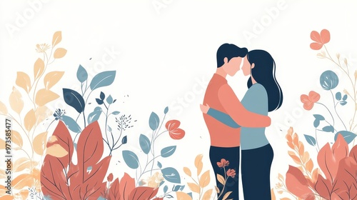 Wallpaper Mural Embracing Love: Minimalist Vector Illustration of Romantic Couple Surrounded by Leaves and Flowers on White Background Torontodigital.ca