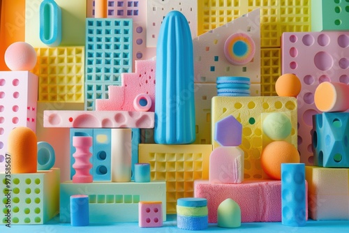 Bright and playful geometric shapes fill the space, creating a surreal atmosphere