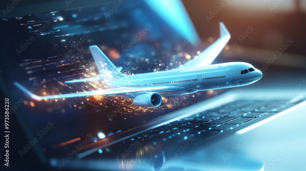 A modern jet plane takes off from a laptop computer screen. A modern jet plane takes off from a laptop computer screen.