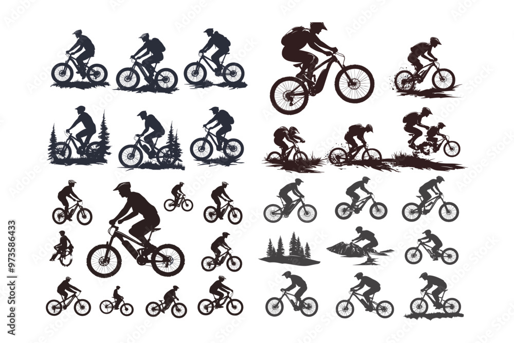 Black and white drawing of sportsmen on mountain bikes set on a white background. Black and white drawing of sportsmen on mountain bikes set on a white background.