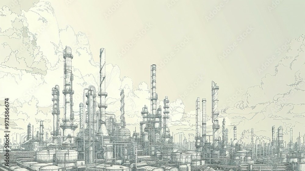 Detailed Ink Illustration of a Factory Complex with Multiple Tall Structures and Pipelines Detailed Ink Illustration of a Factory Complex with Multiple Tall Structures and Pipelines