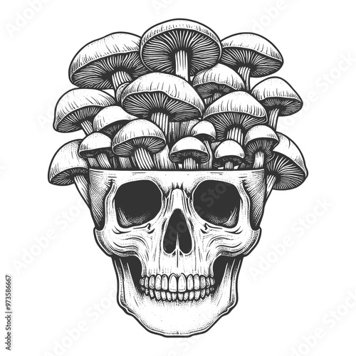 human skull with mushrooms growing inside, blending natural elements with macabre, surreal imagery sketch engraving generative ai vector illustration. Scratch board imitation. Black and white image.