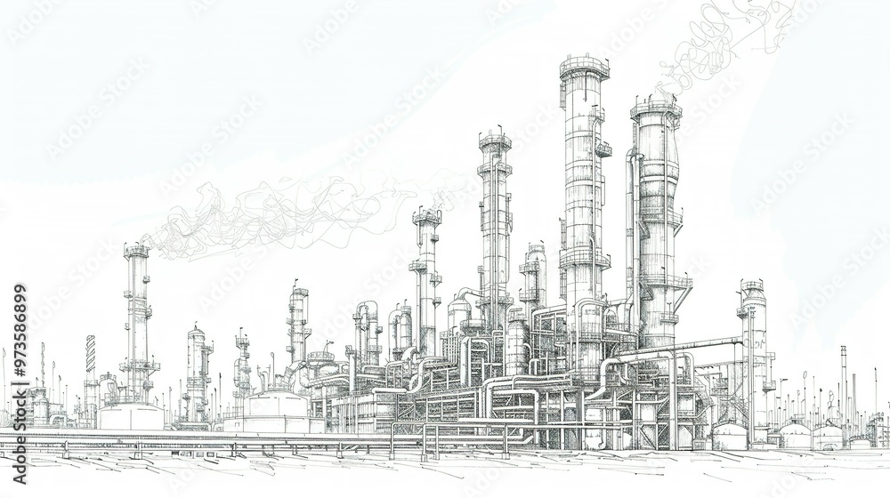 A Pen and Ink Sketch of an Industrial Complex with Smoke Plumes A Pen and Ink Sketch of an Industrial Complex with Smoke Plumes