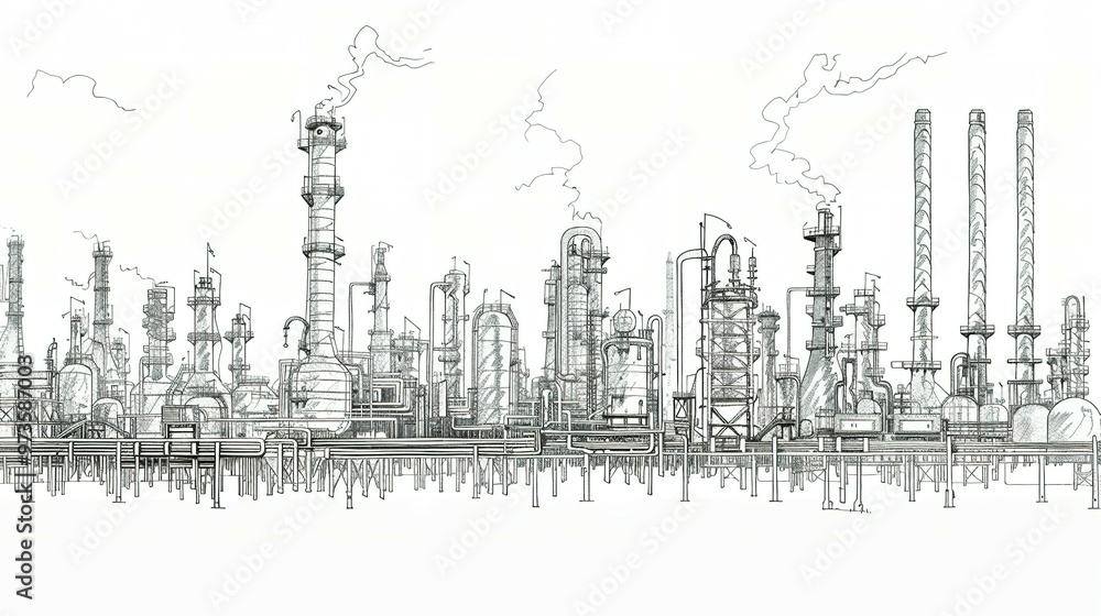Hand-Drawn Sketch of an Industrial Refinery with Smoke Plumes Hand-Drawn Sketch of an Industrial Refinery with Smoke Plumes