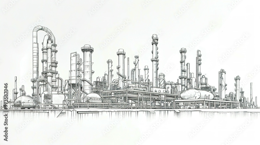 Hand-drawn Sketch of a Large Industrial Complex with Multiple Towers and Pipes Hand-drawn Sketch of a Large Industrial Complex with Multiple Towers and Pipes