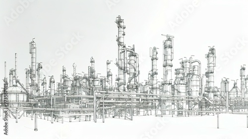 Hand-Drawn Sketch of an Industrial Refinery Complex