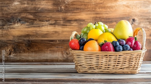 Seasonal Fruits Beautifully Arranged in a Wicker Basket: Emphasizing Ripeness and Natural Beauty with Ample Space for Text photo