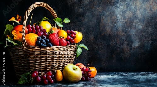 Seasonal Fruits Beautifully Arranged in a Wicker Basket: Emphasizing Ripeness and Natural Beauty with Ample Space for Text photo