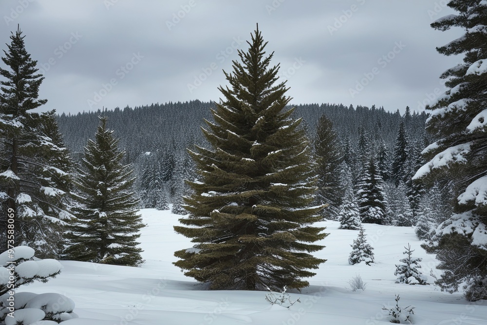 Dreamy Winter Landscape with Cedar Tree Amidst Snowy Pines