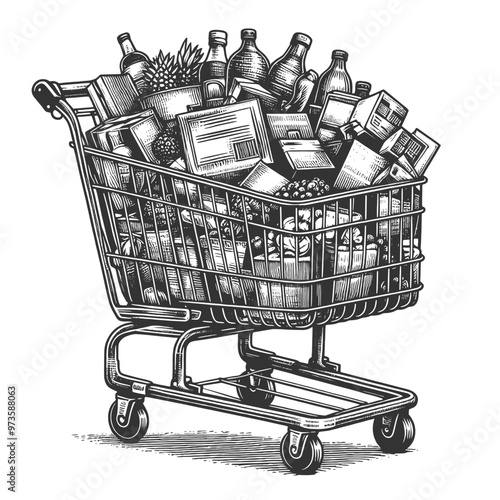 fully loaded shopping cart filled with groceries, including fruits, beverages, and packaged goods sketch engraving generative ai vector illustration. Scratch board imitation. Black and white image.