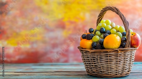 Seasonal Fruits Beautifully Arranged in a Wicker Basket: Emphasizing Ripeness and Natural Beauty with Ample Space for Text photo