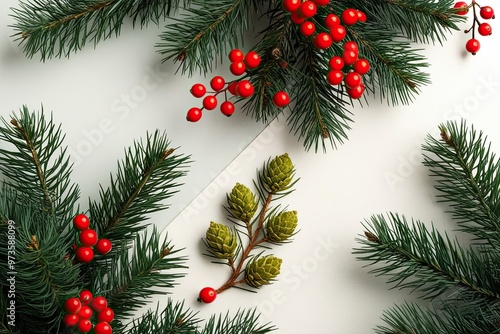 Holiday-Themed Corner Design with Pine Branches, Tiny Pods, and Bright Red Berries on a Clean Canvas