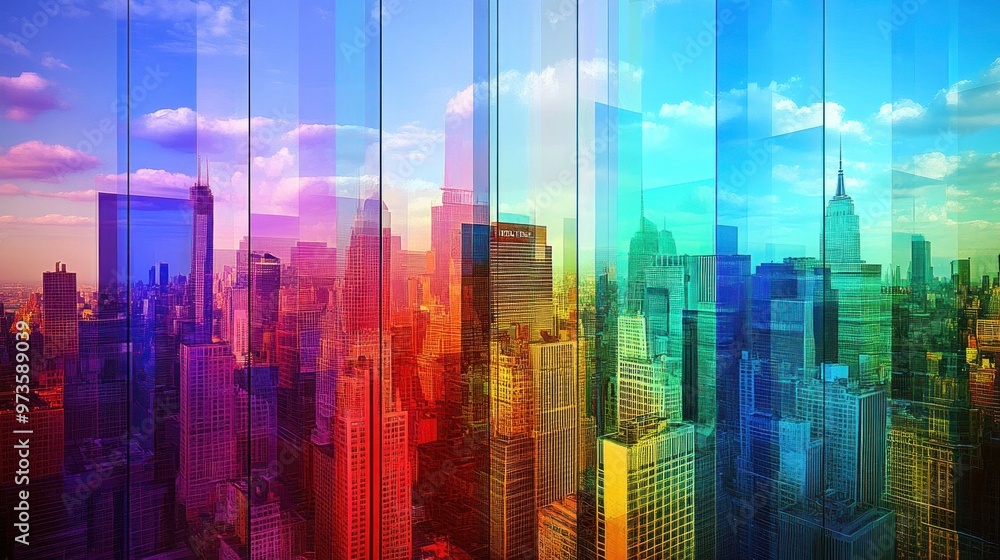 A vibrant cityscape reflected in a series of colorful glass panels, creating a modern and abstract view of the city skyline. A vibrant cityscape reflected in a series of colorful glass panels, creating a modern and abstract view of the city skyline.