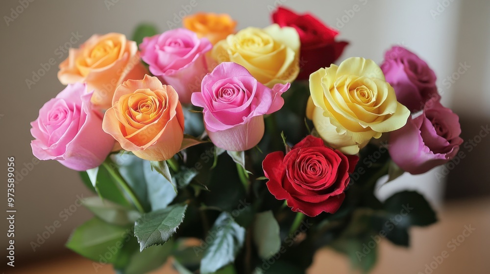 A beautifully arranged bouquet of roses of different colors, symbolizing love, joy, and friendship A beautifully arranged bouquet of roses of different colors, symbolizing love, joy, and friendship