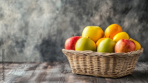 Seasonal Fruits Beautifully Arranged in a Wicker Basket: Emphasizing Ripeness and Natural Beauty with Ample Space for Text photo