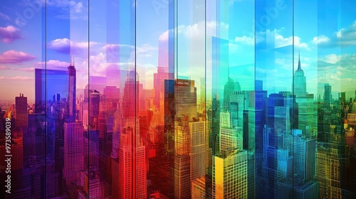 A vibrant cityscape reflected in a series of colorful glass panels, creating a modern and abstract view of the city skyline.