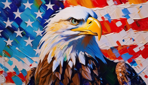 Proud majestic american bald eagle head over United States of America USA country flag as full background. 4th of July, independence day, veterans day, patriotism celebration oil painting wallpaper.