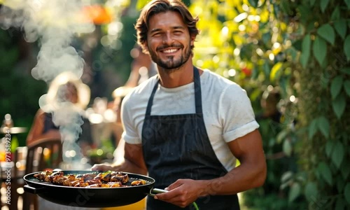 Man Grilling in Backyard