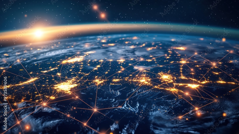Earth at night with glowing network connections. Earth at night with glowing network connections.