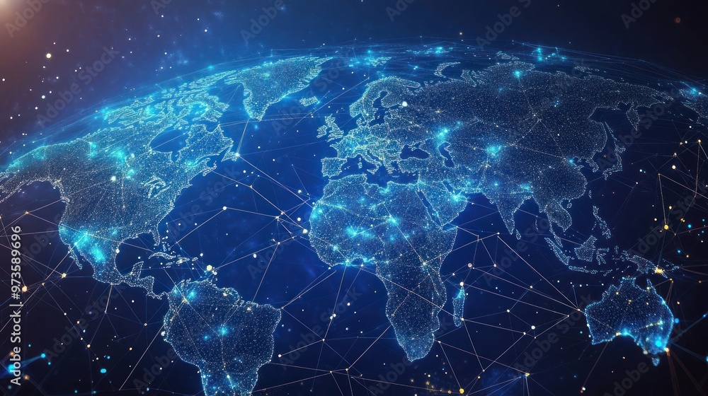 Fototapeta premium Abstract futuristic digital world map with glowing lines and points.