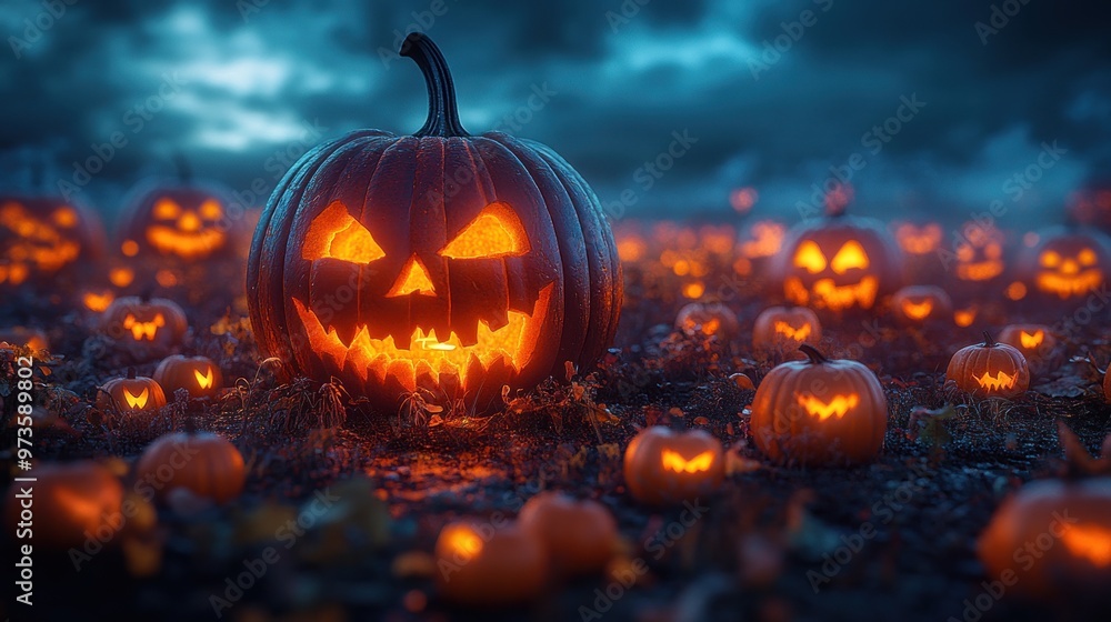 A spooky Halloween scene with glowing jack-o'-lanterns at dusk. A spooky Halloween scene with glowing jack-o'-lanterns at dusk.