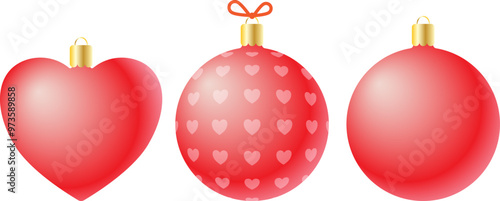 Set of Christmas ornaments. Red Christmas balls. Heart Christmas ornament.