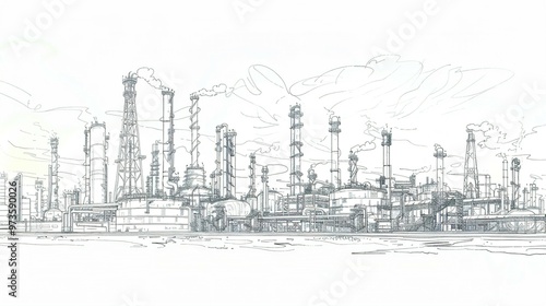 Hand-drawn sketch of a large industrial refinery with smokestacks and pipes