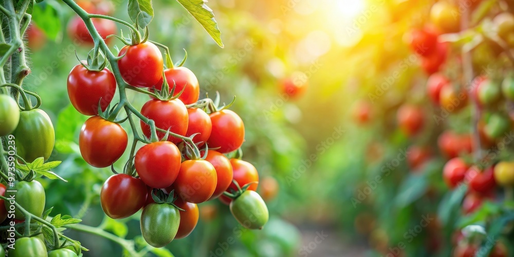 Tomatoes growing on vine in a lush garden setting , fresh, organic, red, ripe, juicy, agriculture, farm, summer, harvest Tomatoes growing on vine in a lush garden setting , fresh, organic, red, ripe, juicy, agriculture, farm, summer, harvest