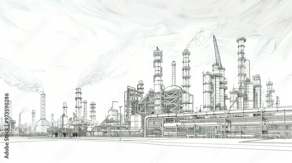 A Sketch of a Large Industrial Facility with Smoke Stacks and Piping A Sketch of a Large Industrial Facility with Smoke Stacks and Piping