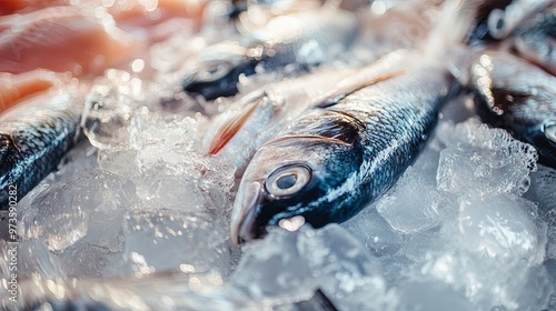 Fresh and Sustainable Seafood on Ice: Highlighting Quality and Responsible Fishing Practices with a Clean and Inviting Display for Text photo