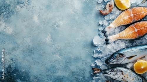 Fresh and Sustainable Seafood on Ice: Highlighting Quality and Responsible Fishing Practices with a Clean and Inviting Display for Text photo