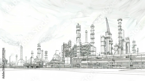 A Sketch of a Large Industrial Facility with Smoke Stacks and Piping