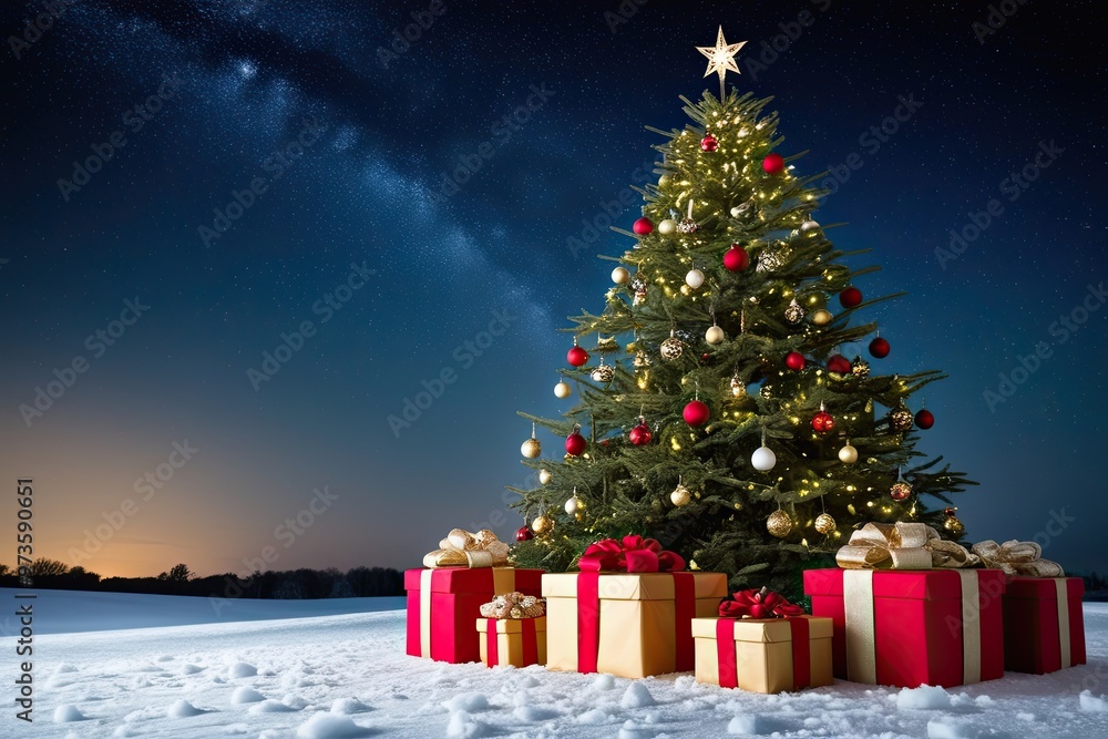 Beautiful Christmas Tree with Adorned Gifts on Snowy Ground Under a Starry Night Sky Beautiful Christmas Tree with Adorned Gifts on Snowy Ground Under a Starry Night Sky
