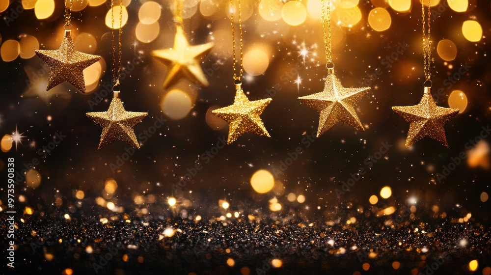Naklejka premium Golden stars hanging on chains over sparkling glitter and bokeh lights.
