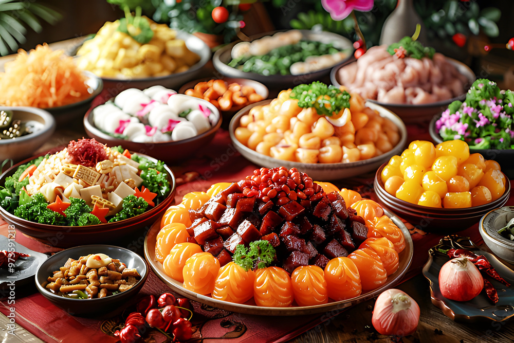 Food on Chinese New Year banquet table by window. Traditional Happy Chinese New Year party table in red and gold theme and traditional decorations Asian in Chinese celebration. New Year's Day. Food on Chinese New Year banquet table by window. Traditional Happy Chinese New Year party table in red and gold theme and traditional decorations Asian in Chinese celebration. New Year's Day.