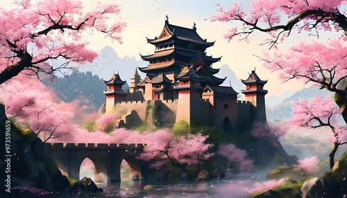 Ancient Asian Castle Surrounded by Cherry Blossom Forest in a Captivating Natural Landscape