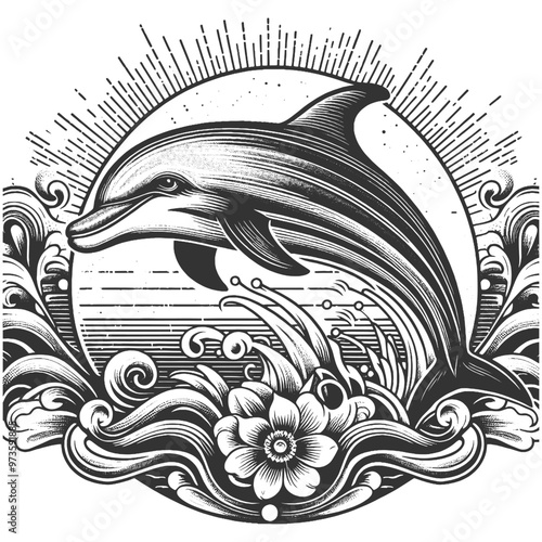 dolphin leaping from waves, surrounded by floral patterns, rendered in a vintage engraving style sketch engraving generative ai vector illustration. Scratch board imitation. Black and white image.