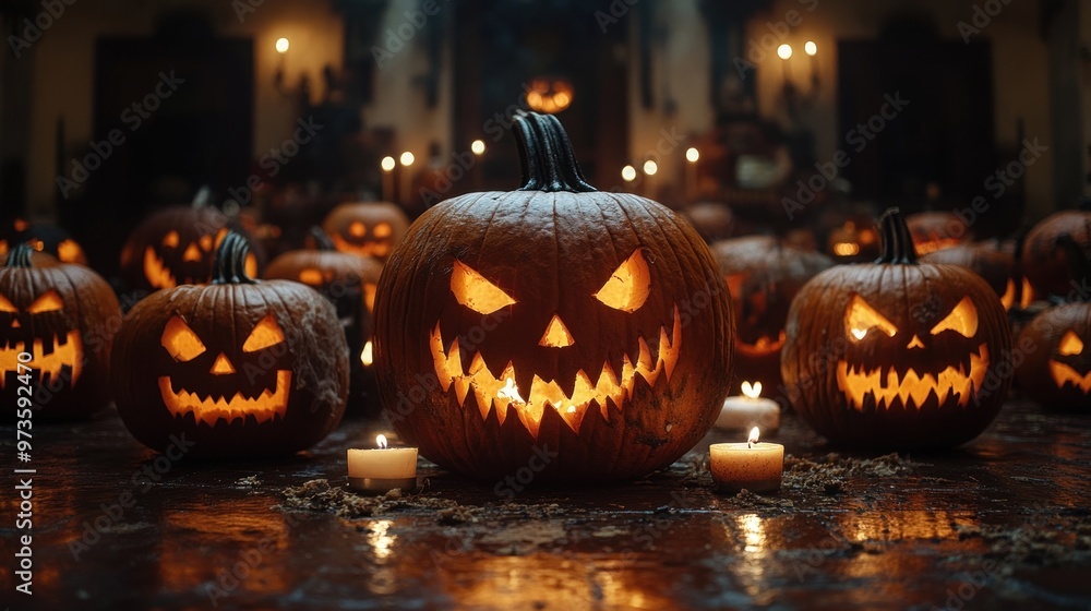 Fototapeta premium Spooky carved pumpkins glowing in a dimly lit Halloween setting.