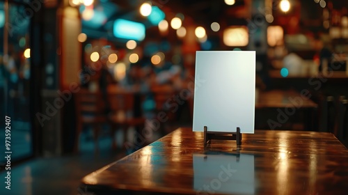 Wallpaper Mural Blank Sign on a Polished Wooden Table in a Blurred Restaurant Setting Torontodigital.ca