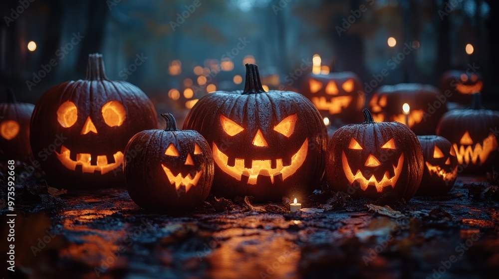 A spooky Halloween scene with glowing carved pumpkins. A spooky Halloween scene with glowing carved pumpkins.