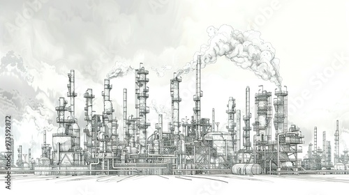 A Hand-Drawn Sketch of an Industrial Refinery with Smoke Plumes
