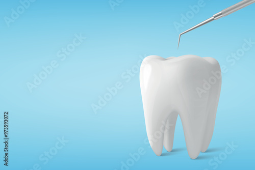 Vector 3d Realistic Tooth and Dental Probe for Teeth Closeup Isolated on Blue Background. Medical Dentist Tool. Design Template, Clipart, Mockup. Dentistry, Healthcare, Hygiene Concept