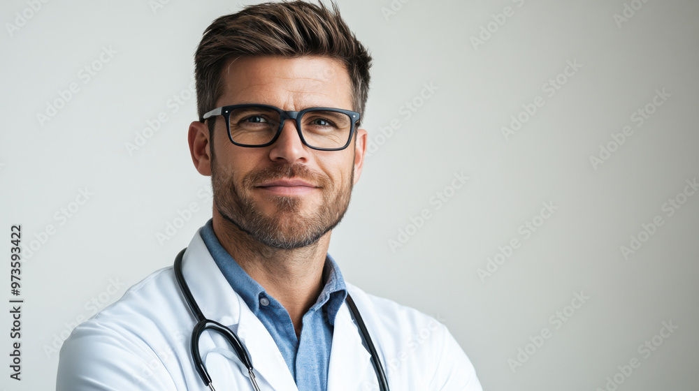 Portrait of a confident male doctor wearing glasses and a white coat, with a stethoscope around his neck, smiling slightly. Portrait of a confident male doctor wearing glasses and a white coat, with a stethoscope around his neck, smiling slightly.