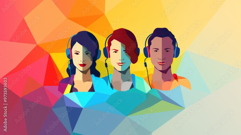 A vibrant, geometric illustration featuring three individuals with headsets, symbolizing communication and technology. A vibrant, geometric illustration featuring three individuals with headsets, symbolizing communication and technology.