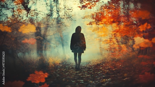 forest in autumn, colorful leaves, change, renewal, beauty, close up, focus on, copy space, warm tones, soft light, Double exposure silhouette with a person walking