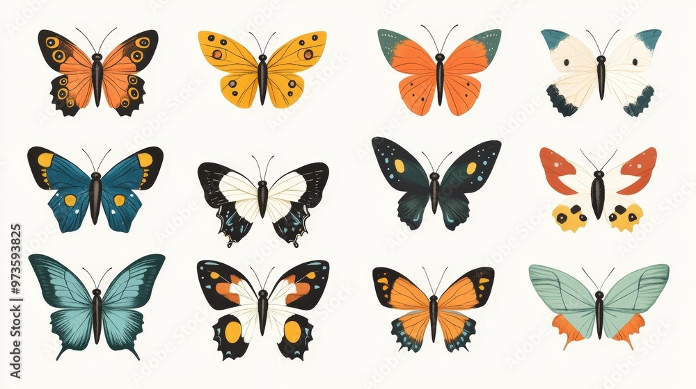 Whimsical Collection of 30 Colorful Cartoon Butterflies in Simple Flat Design on Transparent Background Whimsical Collection of 30 Colorful Cartoon Butterflies in Simple Flat Design on Transparent Background