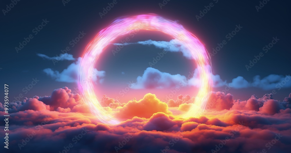 A vibrant, glowing circle above colorful clouds at sunset, creating a mystical atmosphere. A vibrant, glowing circle above colorful clouds at sunset, creating a mystical atmosphere.