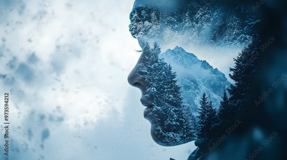 mountain peak, challenge, adventure, determination, natural beauty, close up, focus on, copy space, cool tones, dramatic lighting, Double exposure silhouette with a climber mountain peak, challenge, adventure, determination, natural beauty, close up, focus on, copy space, cool tones, dramatic lighting, Double exposure silhouette with a climber