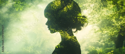 forest in spring, new growth, rebirth, fresh start, renewal, close up, focus on, copy space, bright colors, soft focus, Double exposure silhouette with a person exploring the forest photo