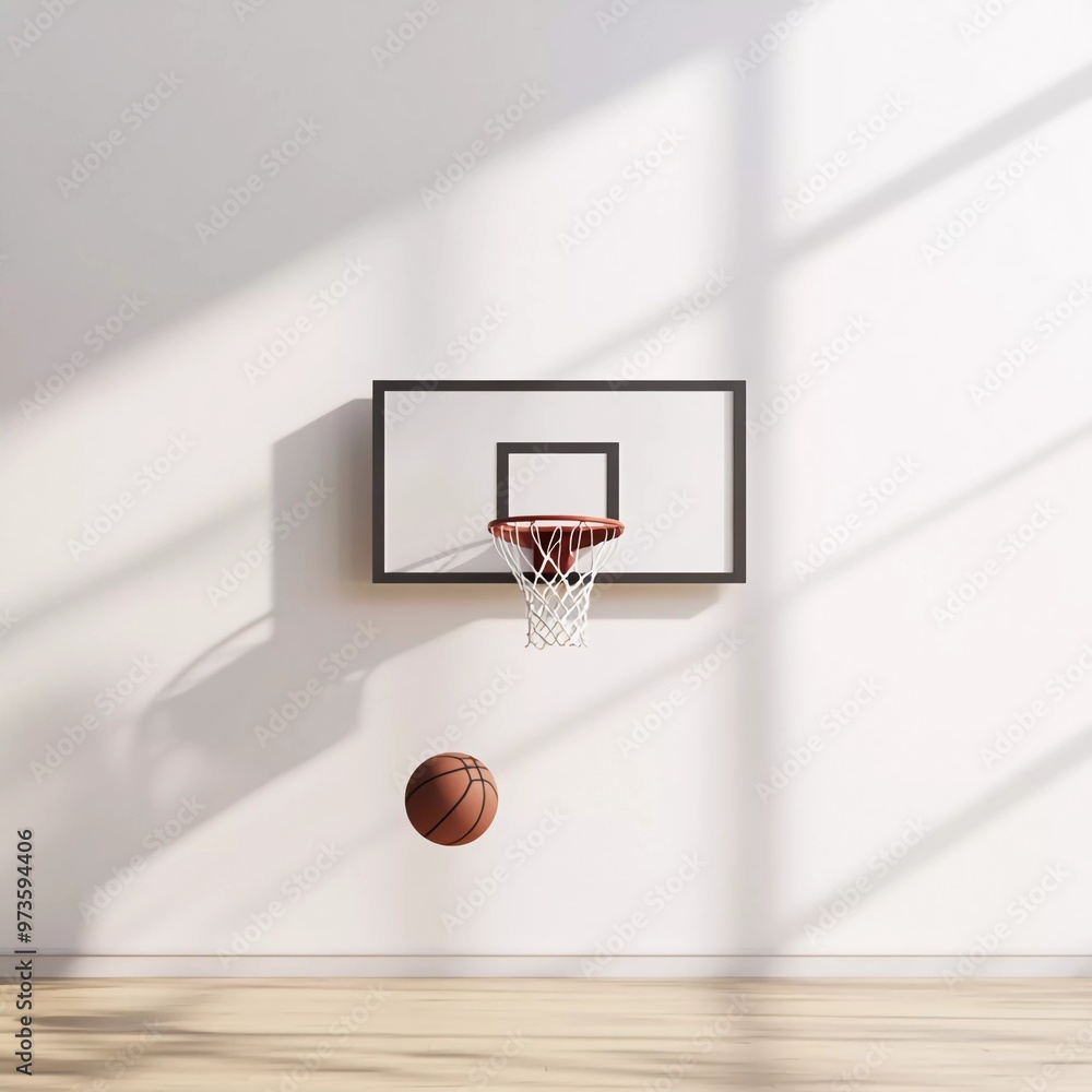 A basketball hoop on a white wall with a ball flying at the target nice 3d render A basketball hoop on a white wall with a ball flying at the target nice 3d render